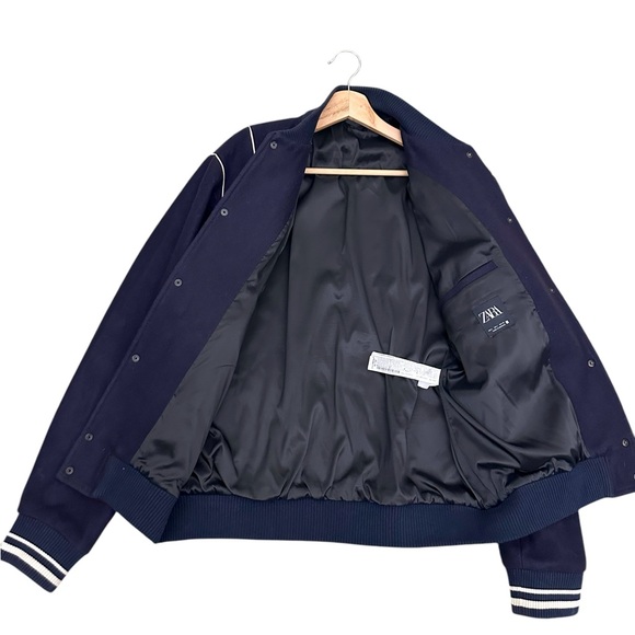 Zara Varsity Wool Bomber Jacket Dark Navy Size L - Picture 9 of 15